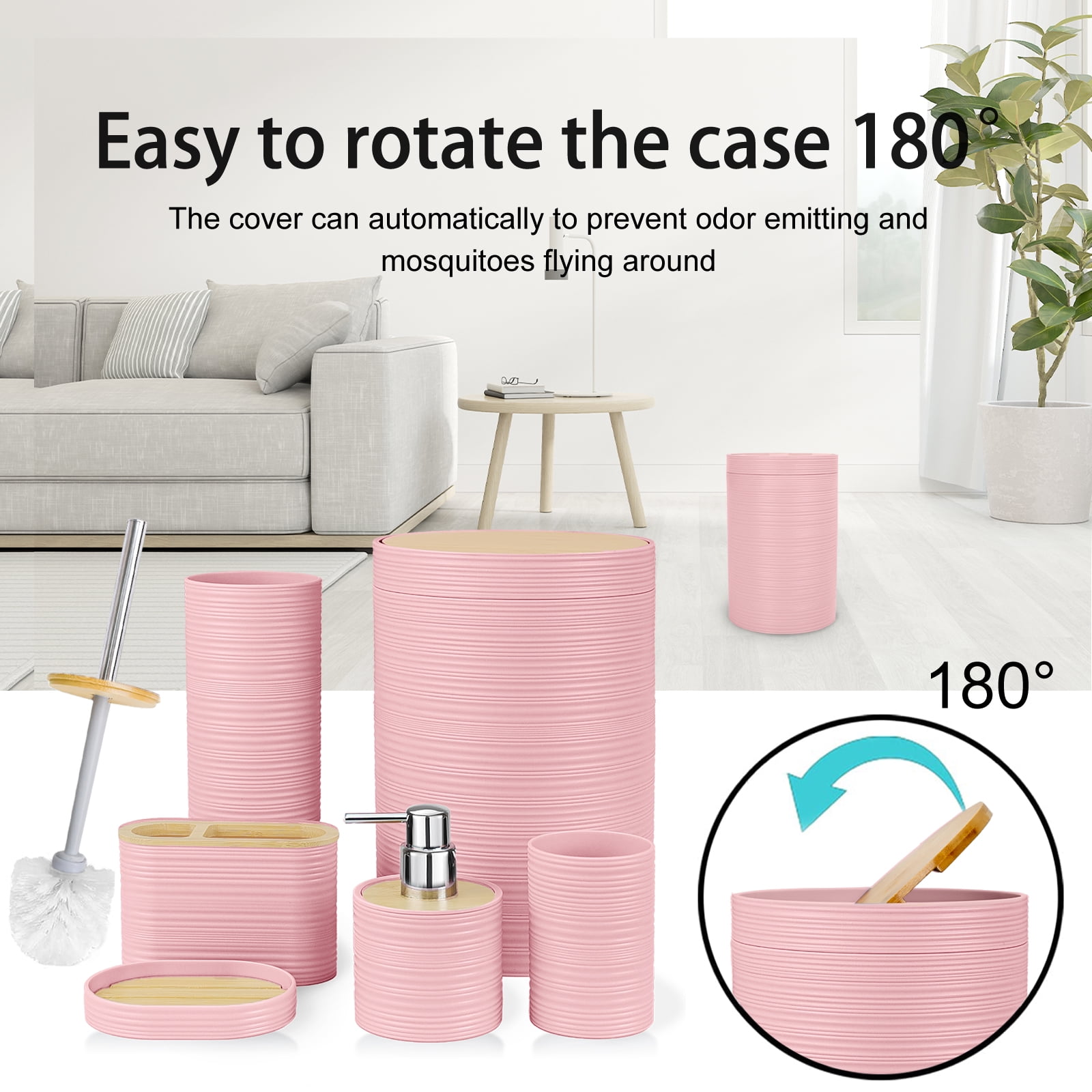 CERBIOR Bathroom Accessories Set 6 Pcs Bathroom Set Ensemble Complete Soap Dispenser Toothbrush Holder Tumbler Soap Dish Toilet Cleaning Brush Trash Can, Pink