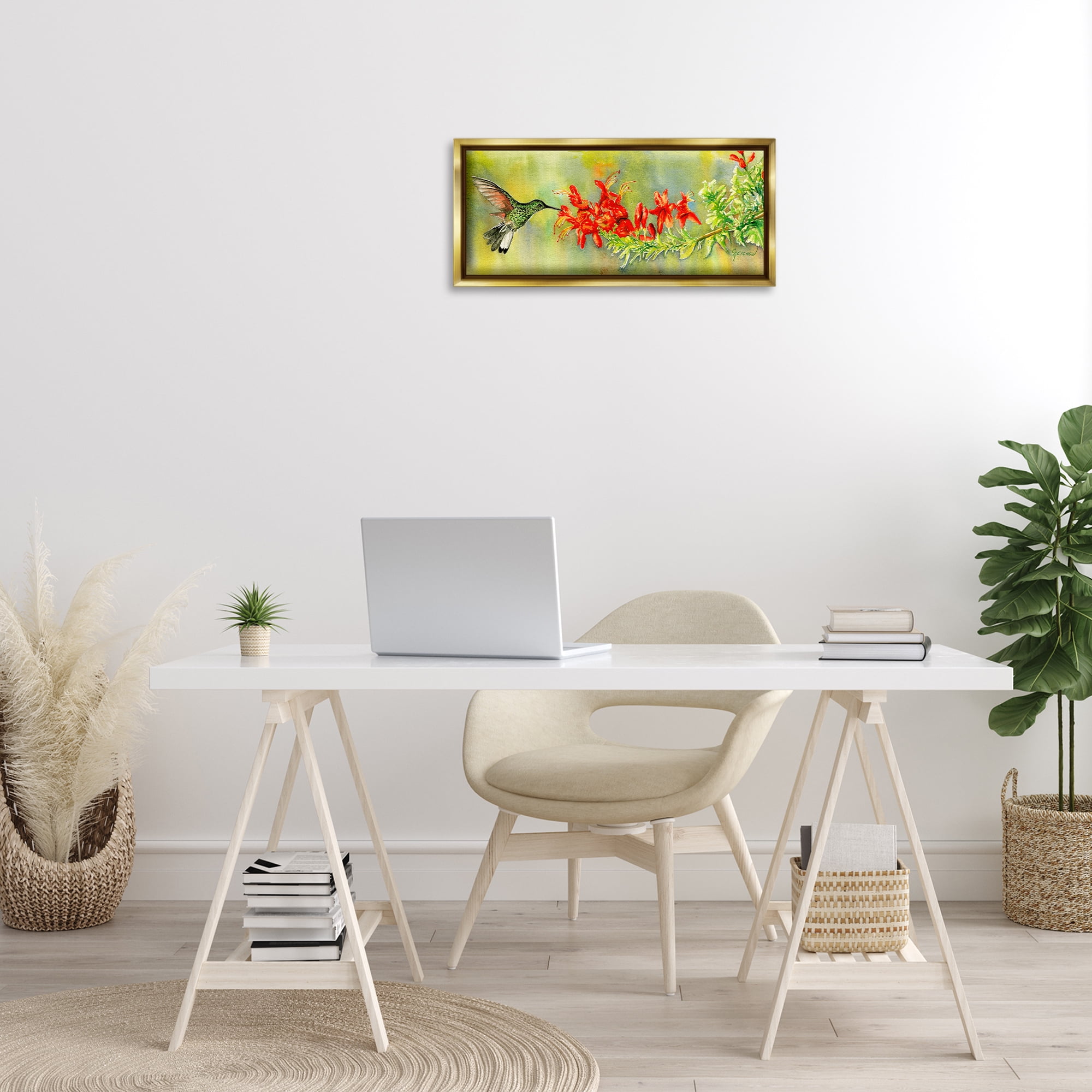 Stupell Industries Quick Sip Hummingbird Animals & Insects Painting Gold Floater Framed Canvas Art Print Wall Art, 25 x 11