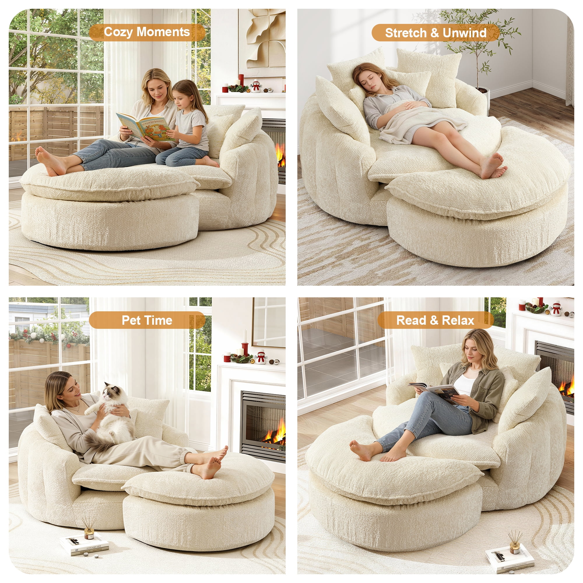 Aukfa 75" Oversized Round Chaise Lounge Chair with Half Moon Ottoman, Boneless Cloud Circle Deep Seat Sofa Set for Living Room, 5 Pillows, No Assembly Required, Beige