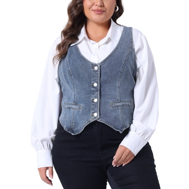 Chalecos de mezclilla para mujeres de tallas grandes Agnes Orinda, tops sin mangas, chaqueta casual de botón, 3X gris azul