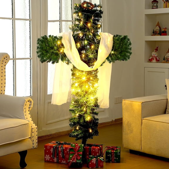 5 FT Christmas Cross Tree with Lights, Silk Scarf for Christmas Decoration Outdoor, Faux Christmas Tree Cross Holy Xmas Tree Yard Home Decor