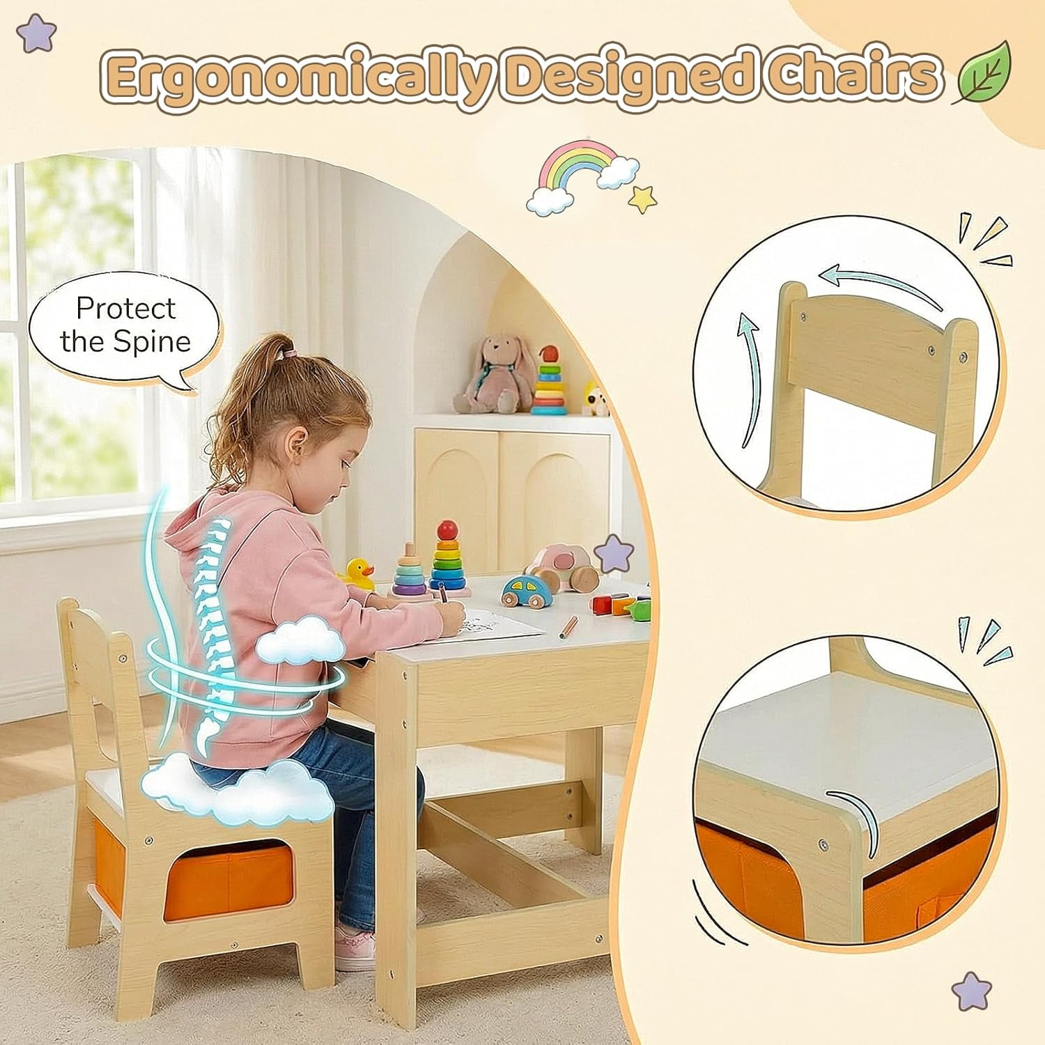 Pirecart Kids Table and 2 Chairs Set Wooden Children Activity Table with Blackboard, Storage Drawer, Yellow