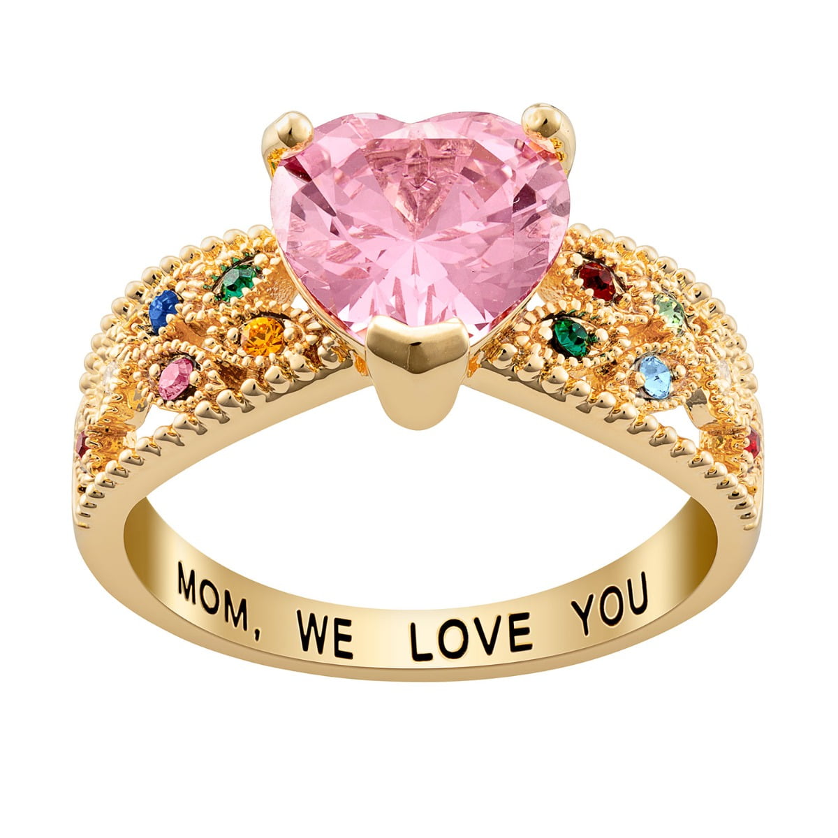 Personalized Planet Rhodium, Gold or Rose Gold Plated Mother's Heart Family Birthstone Ring ,Women's