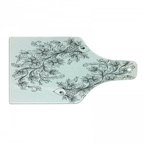 Zodiac Cutting Board, Floral Images Pisces Sign Fish House of the Water Element Sensitivity Planet Sign, Tempered Glass Cutting and Serving Board, Wine Bottle Shape, Black White, by Ambesonne