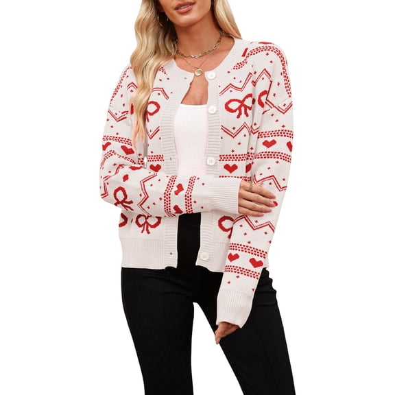 Women'S Cute Crew Neck Cardigan Long Sleeve Casual Knitted Cardigan Drop Shoulder Sweater White Red Heart S