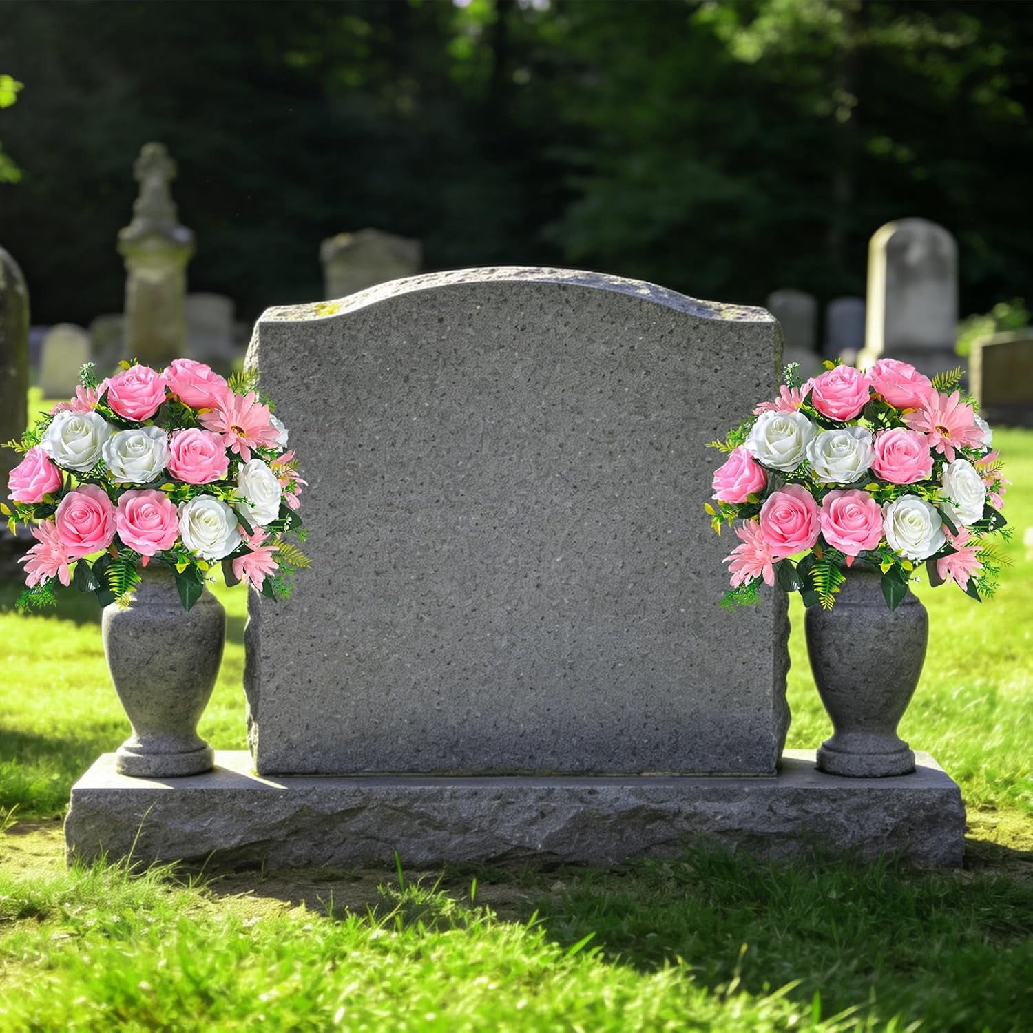 Lyacmy Set of 2 Artificial Cemetery Flowers with Vase, Memorial Day Flowers for Cemetery Outdoor Grave Headstones Decorations, White Pink