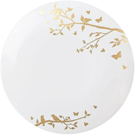 

(120 PACK) EcoQuality 7.5 inch Round White Plastic Plates with Gold Floral Design - Spring Flower Heavy Duty Large Disposable Charger Dinner Plate Weddings Tableware China Like Party Plates