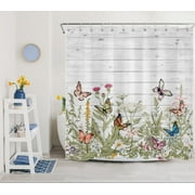 HVEST Butterfly and Flower Shower Curtain,Rustic Wild Flowers and Colorful Butterflies on Farmhouse Plank Bathroom Shower Curtain Herb Polyester Fabric Decor Curtain with Hooks, 69X70 inch