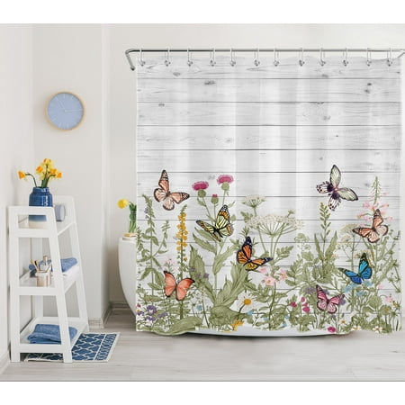 HVEST Butterfly and Flower Shower Curtain,Rustic Wild Flowers and Colorful Butterflies on Farmhouse Plank Bathroom Shower Curtain Herb Polyester Fabric Decor Curtain with Hooks, 69X70 inch