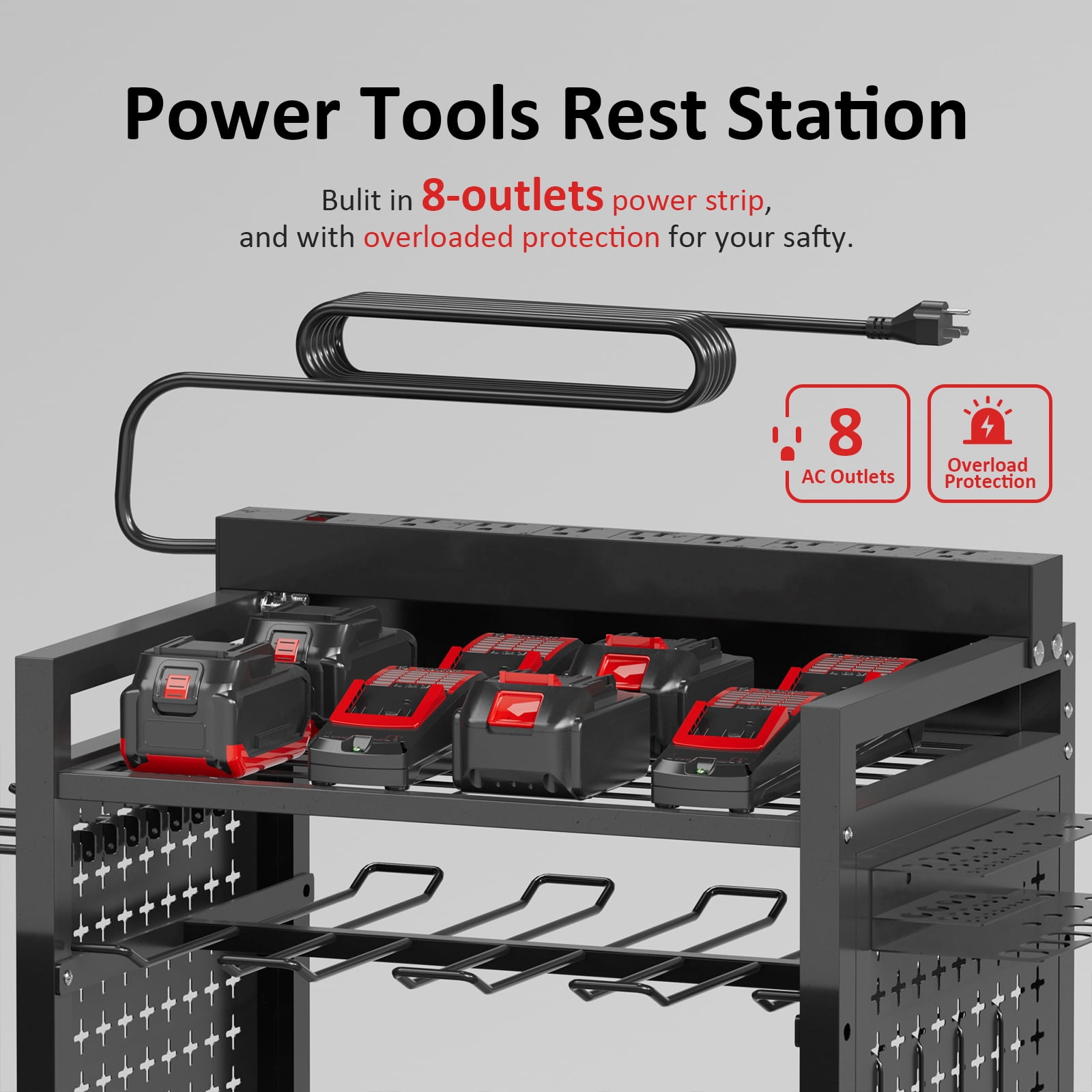 VDEVY Power Tool Organizer Cart with 8 Power Outlet & Adjustable Storage, Garage Workshop Tool Box Cart, Gifts for Men