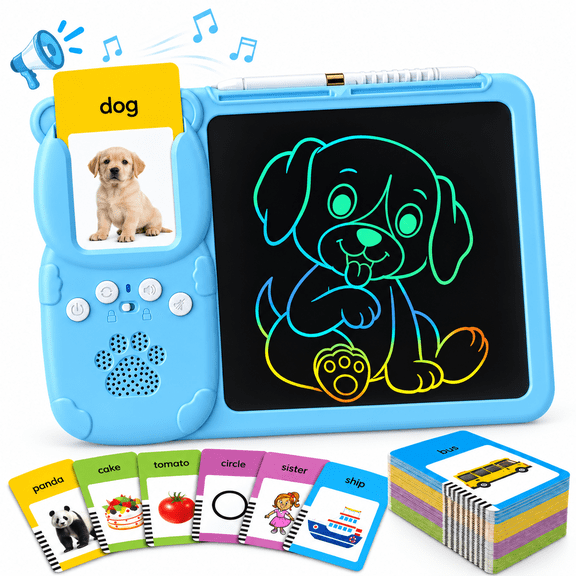ICREOPRO Talking Flash Cards with LCD Writing Tablet, 2 in 1 Educational Toys for Kids, 224 Sight Words, 112 Double-Sided Cards, Erasable Drawing Board, Preschool Learning Toy, Blue