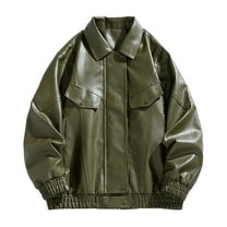 WREESH Fashion Winter Jacket Men'S Men'S Leather Motorcycle Jackets Casual Tops Coats Olive Green