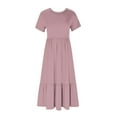 thumbnail image 3 of Quinlirra Sundresses for women 2025 with sleeves Women's Summer Casual Short Sleeve Crewneck Dress Casual Flowy Tiered Maxi Beach Dress With Pockets, 3 of 4