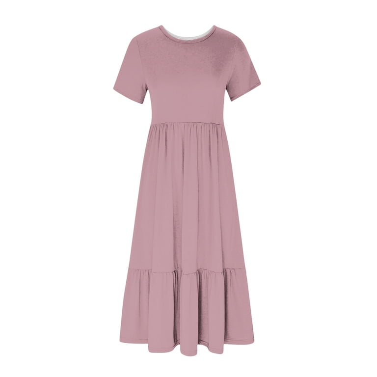 LEBONYARD Young Adult Dresses,Women's Summer Casual Short Sleeve Crewneck Dress Casual Flowy Tiered Maxi Beach Dress with Pockets Pink XL