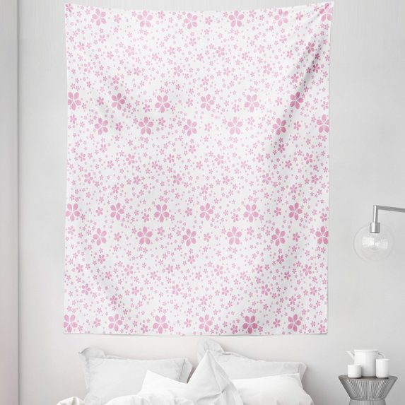 Cherry Blossom Tapestry, Pink Flowers on White Background Girls Simple Design, Fabric Wall Hanging Decor for Bedroom Living Room Dorm, 5 Sizes, Pale Pink White, by Ambesonne