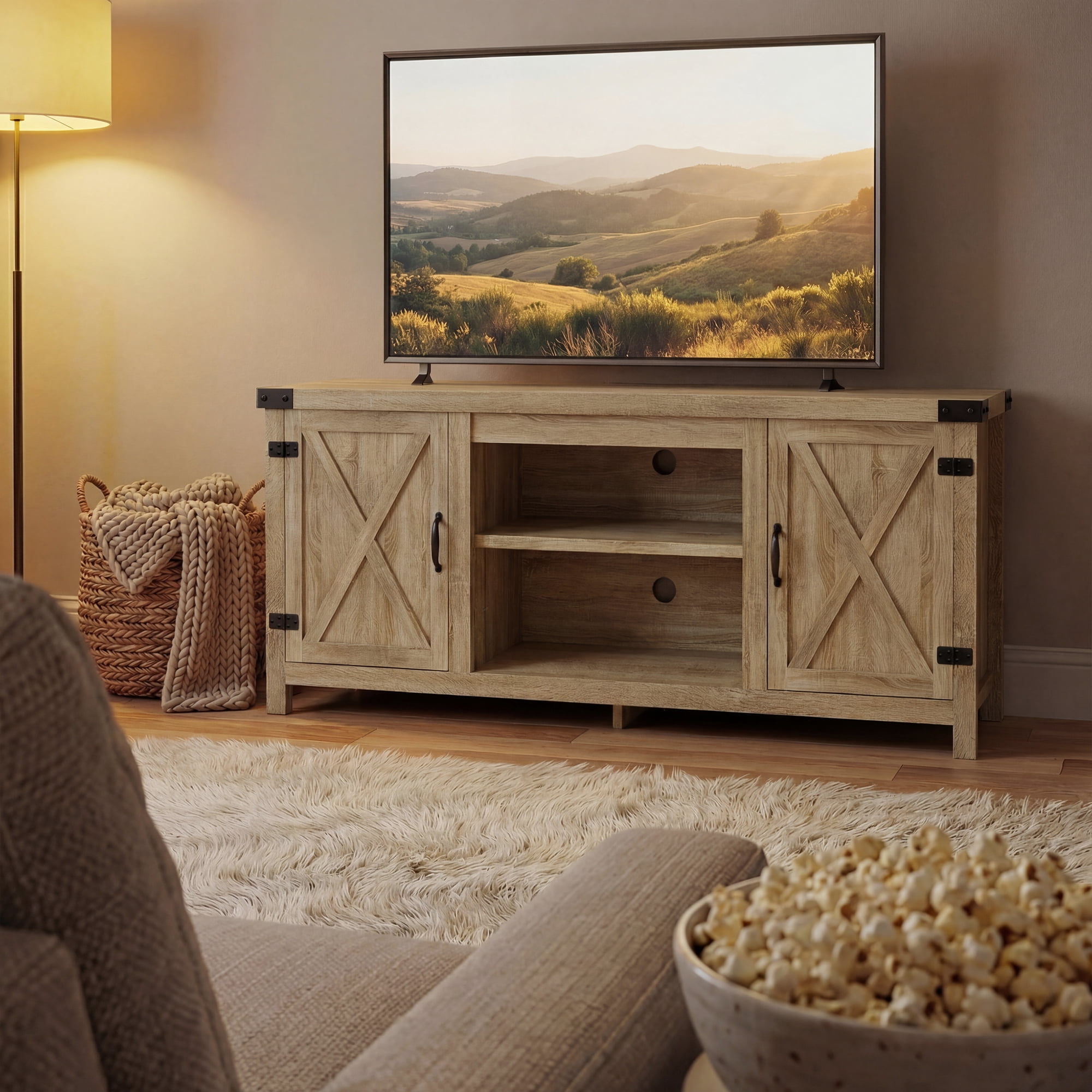 Vineego TV Stand for 65 Inch TVs, Farmhouse Oak Storage Cabinet with Cable Management and Hidden Compartment