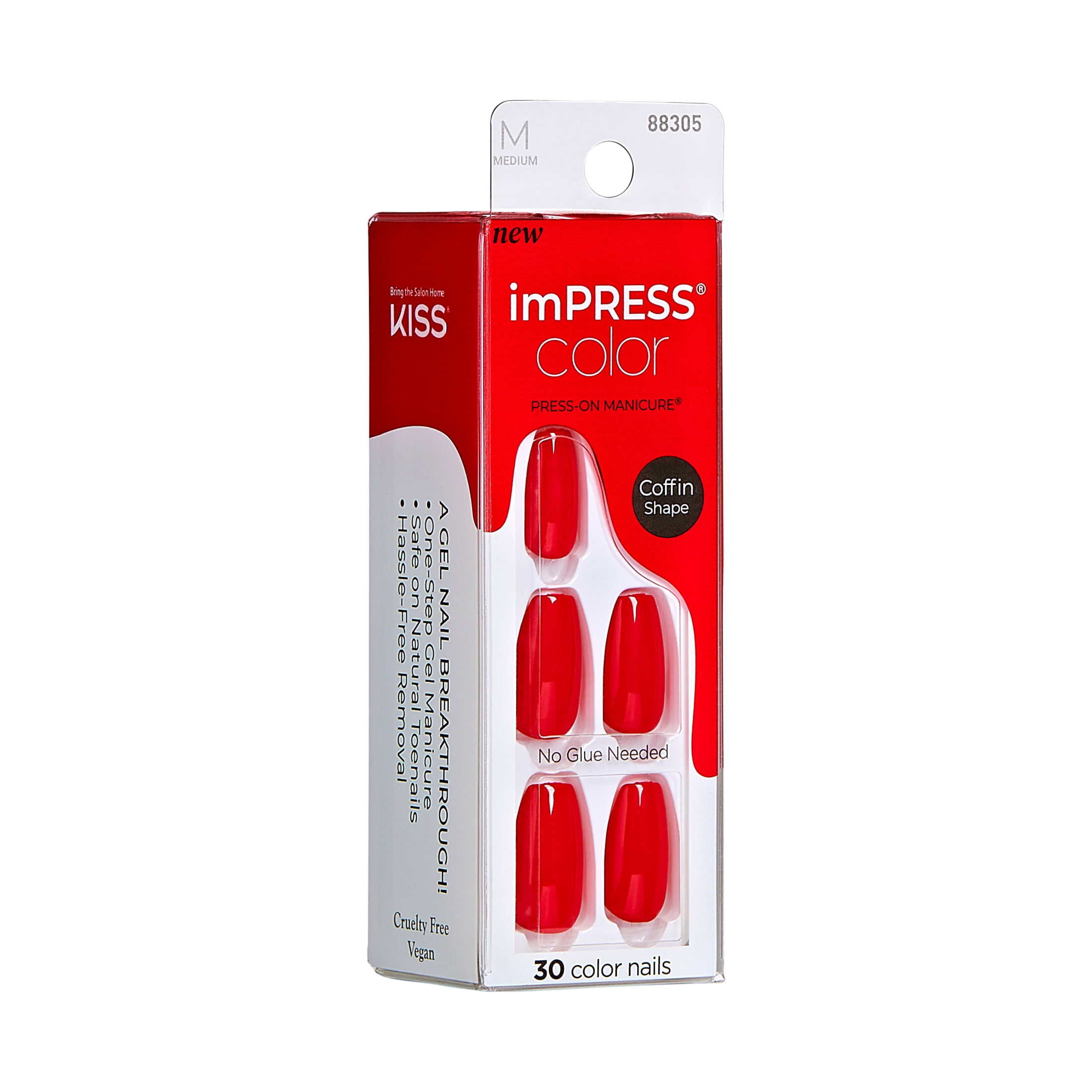 KISS imPRESS Color Long-Lasting Medium Coffin Press-On Nails, Solid Red, 30 Pieces