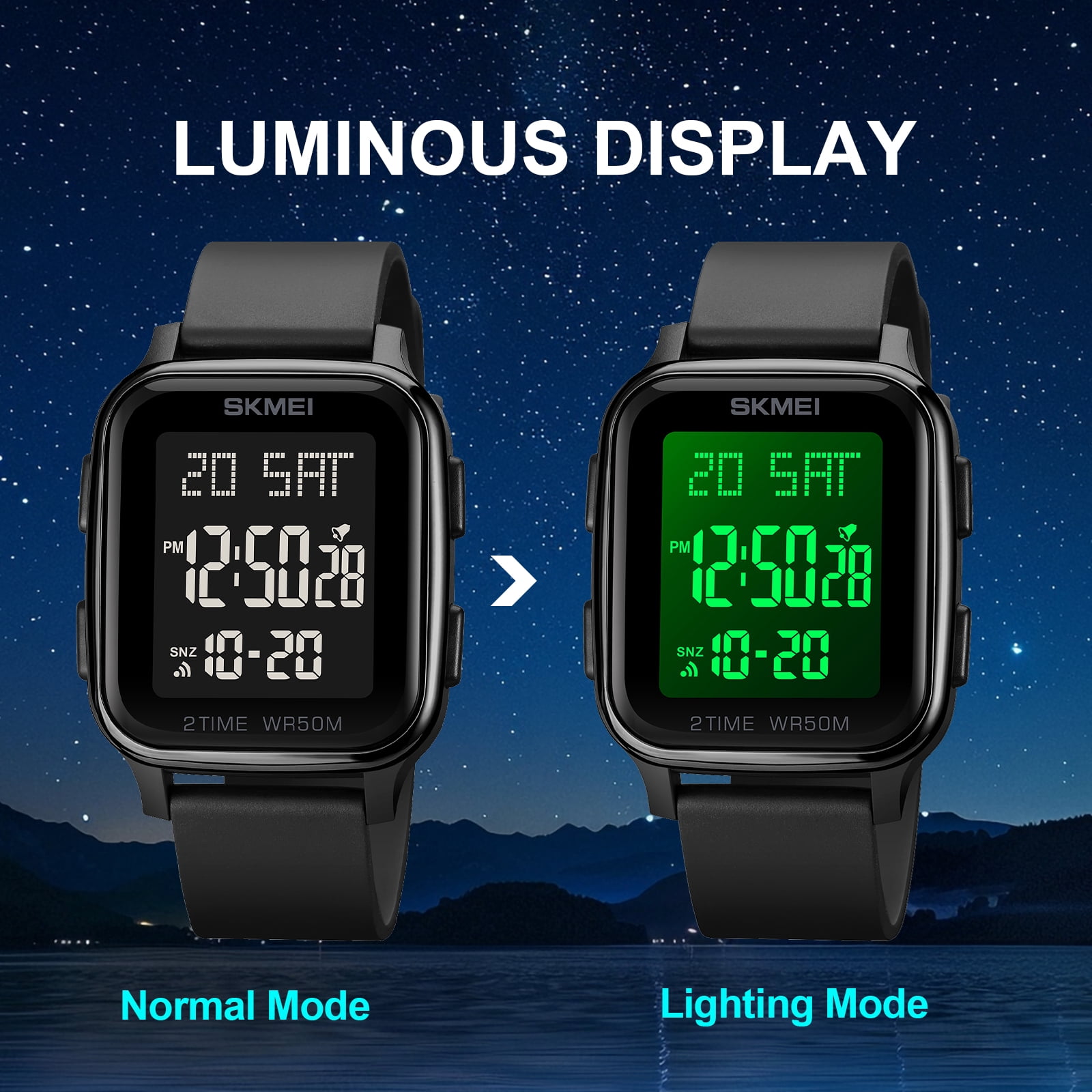 SKMEI Men's Digital Multifunction Watch Outdoor Casual Square 50M Waterproof Led Light Wristwatch