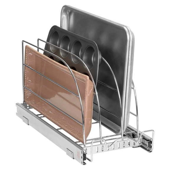HOLDN’ STORAGE Pull Out Organizer for Bakeware, Cutting Board and Trays, Adjustable Dividers, Heavy Duty, Lifetime Limited Warranty - For Narrow Cabinet Spaces, 8.5”W x 21”D x 11”H, Chrome