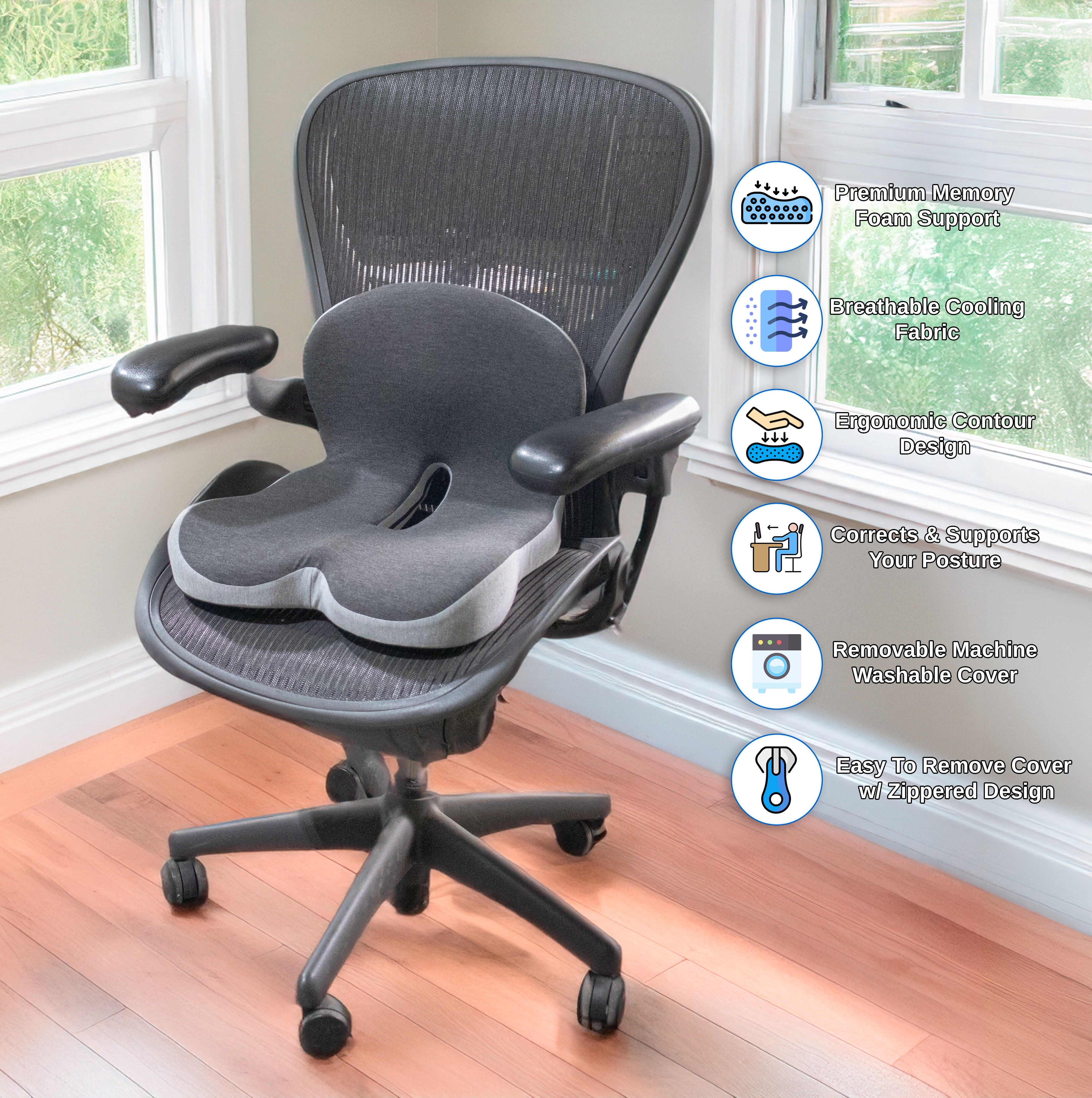 Ergonomic Memory Foam Seat Cushion with Lumbar Support, Contoured U-Shaped Design, Non-Slip Grips and Removable Washable Cover - Dark Grey