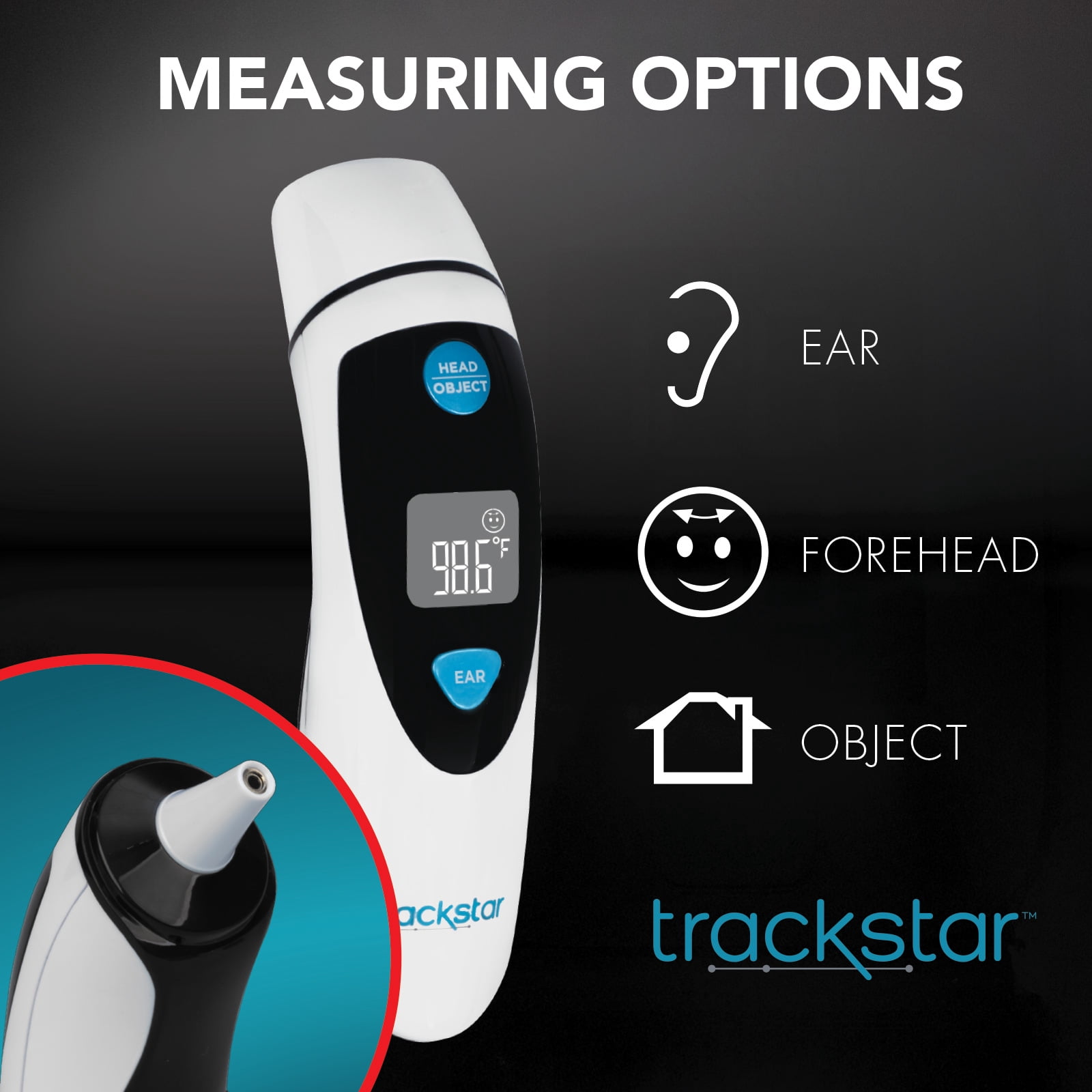 Trackstar Ear & Forehead Thermometer | Infrared Technology | Object Mode | Trackstar Monitoring App | Bluetooth iOS & Android Compatible | Measure, Track, and Share Results