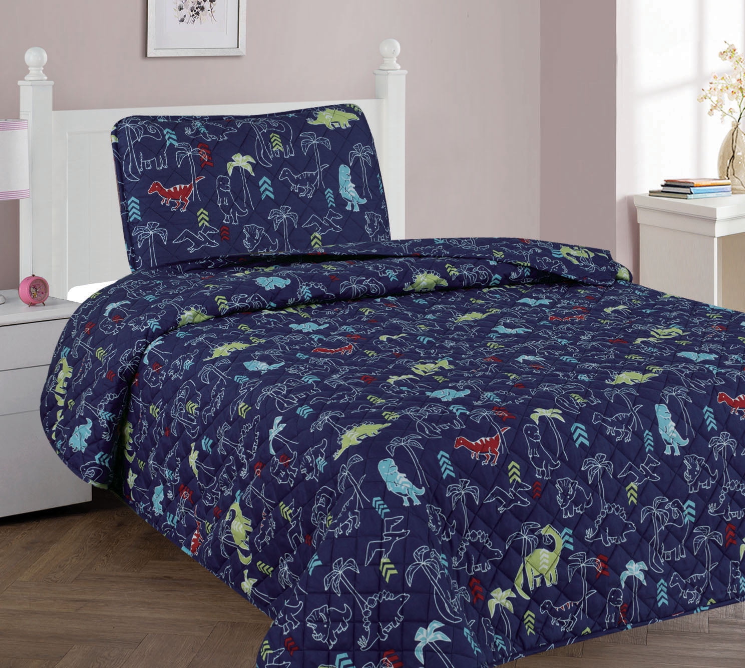Twin DINOSAUR NAVY Kids Coverlet Bedspread Quilted Set with Pillow Sham