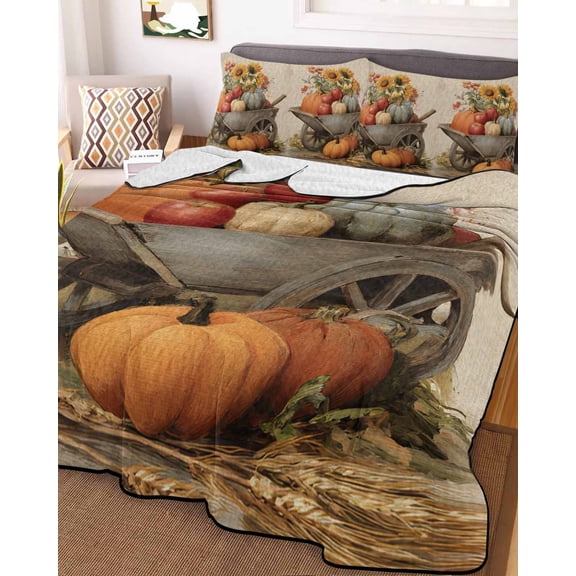 Vintage Pumpkins Fall Queen Size Down Alternative Comforter, Lightweight Comforter Quilt Bedding Set with Pillow Shams Thanksgiving Floral Oil Painting All Seasons Bed Comforter Duvet Insert 90"x96"