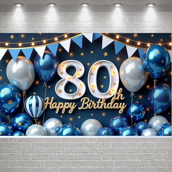 Blue Gold Color Scheme Happy 80th Birthday Banner LED Numbers 80th Birthday Backdrop Glitter Balloons Gold Star Accents 80th Birthday Background for 80th Birthday Parties Adult Celebrations Family