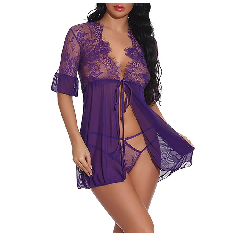 Sexy V-Neck Purple Built-in Bra Sheer Lace Tulle Nightgown Sleepwear –  FloraShe