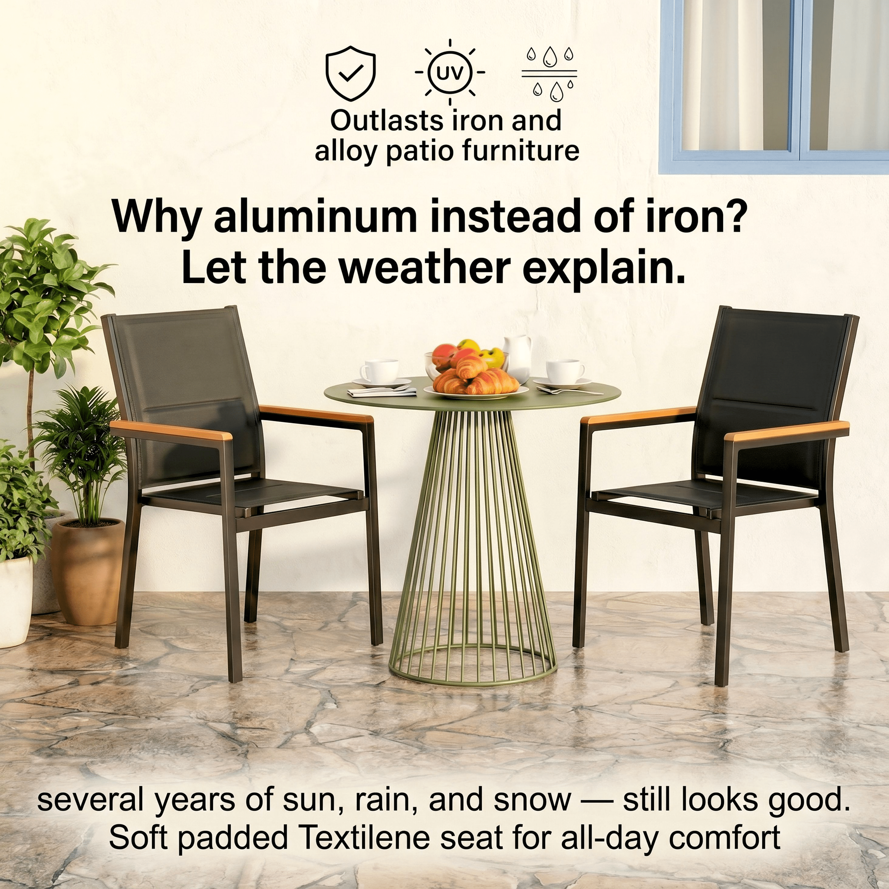 LIFERUN Patio Chairs Set of 4, Stackable Aluminum Outdoor Chair with Quilted Textilene & WPC Handrail, 17" Seat Height, All Weather Chair for Patio, Balcony, Poolside & Restaurants, Black
