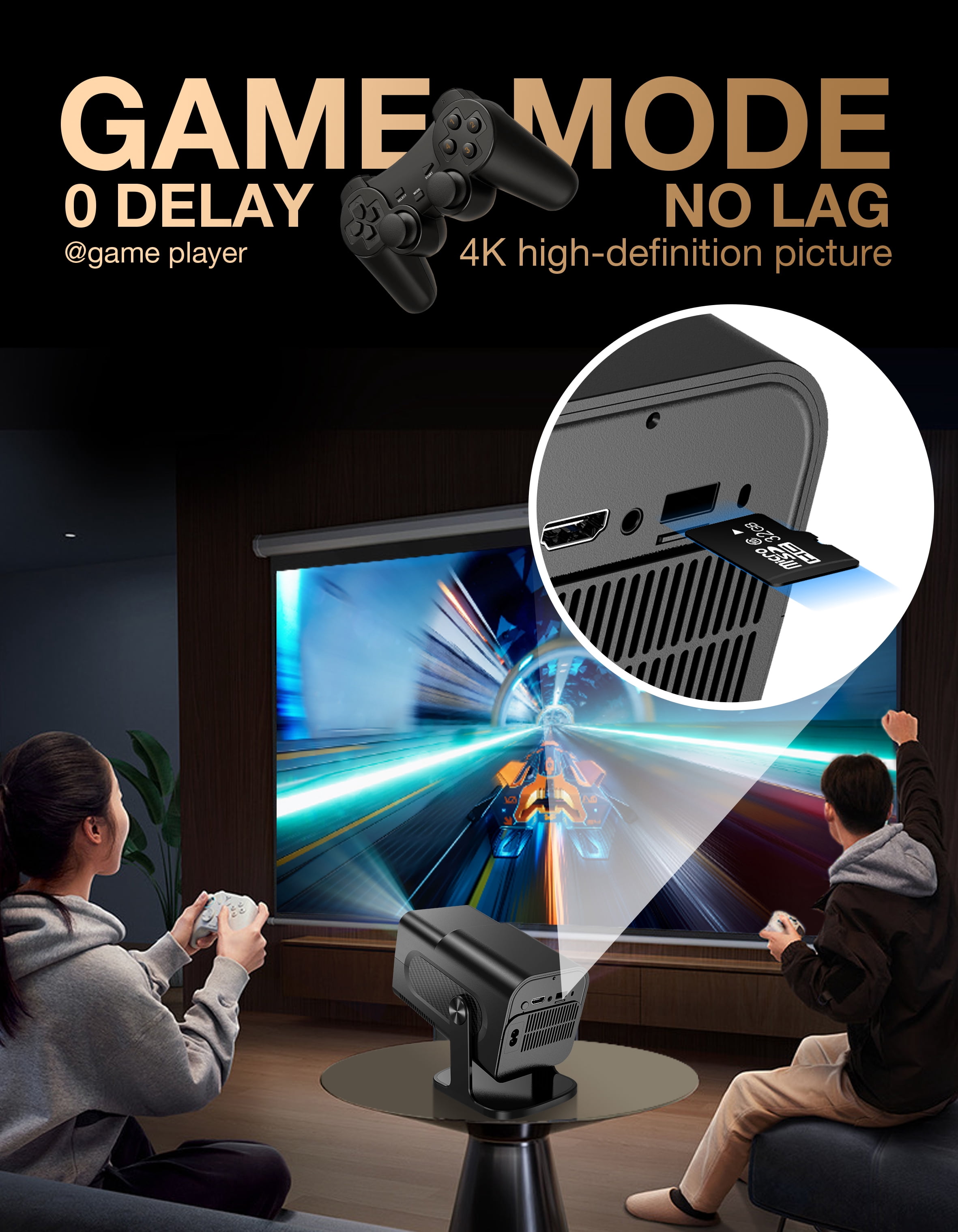 1080P Mini Game Video Projector 4K with WiFi 6, Bluetooth 5.4, Android 11, Auto Keystone, 180° Adjustable Stand for Home Theater/Play Games