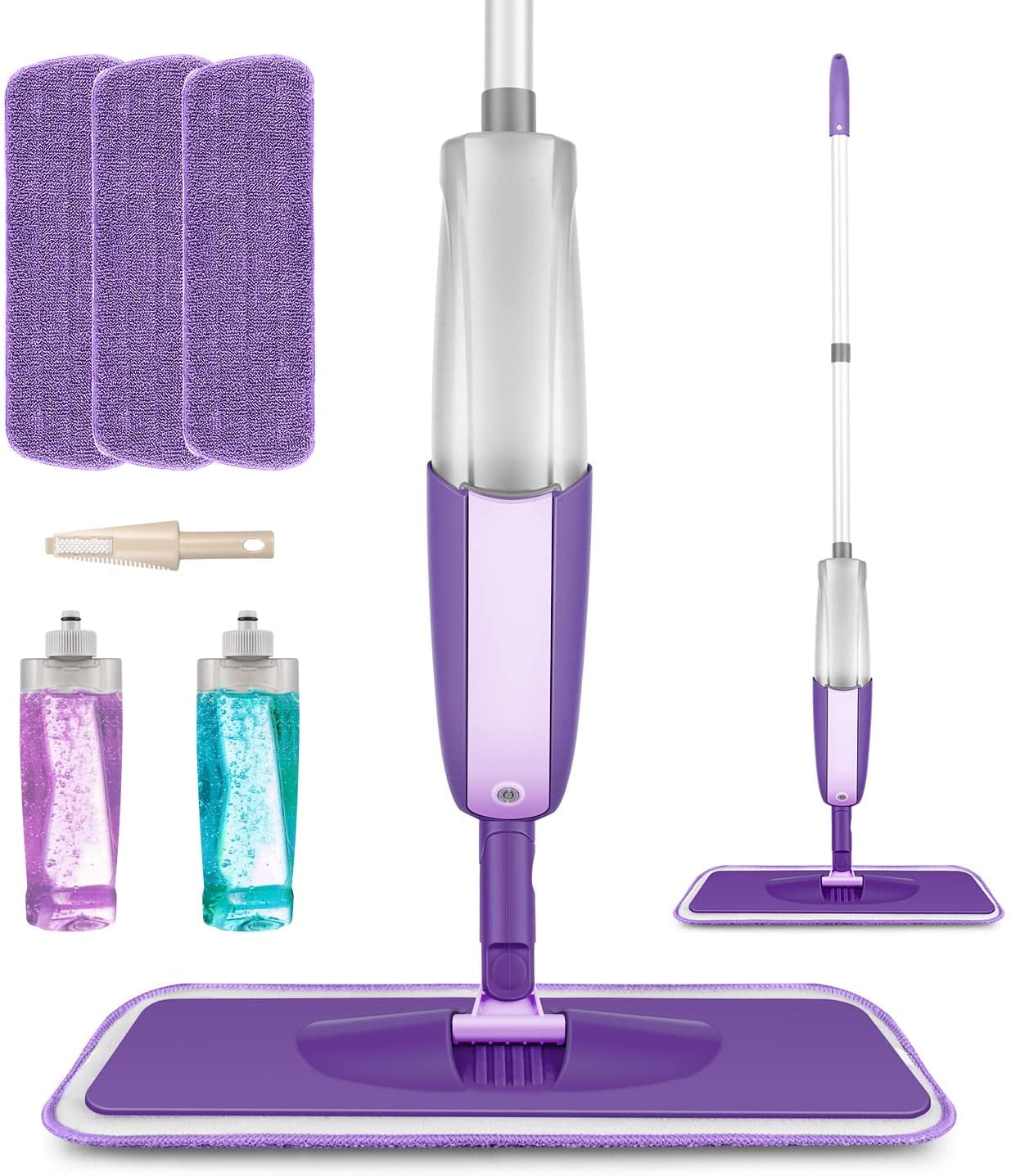 SUGARDAY Microfiber Mop for Floor Cleaning Hardwood Floor Mop Spray 360°Rotatable 2 Bottle 3 Reusable Pads 1 Scrubber