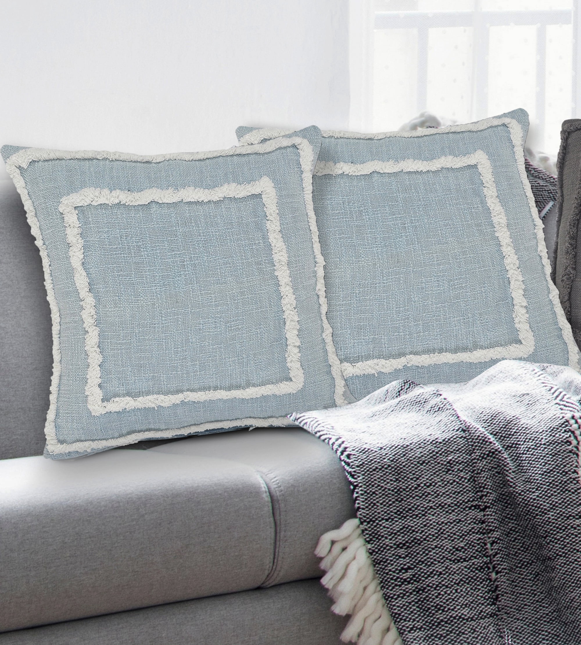LR Home Rossy Solid Contemporary Cotton Throw Pillows, Sky Blue/White, 20" x 20", Set of 2