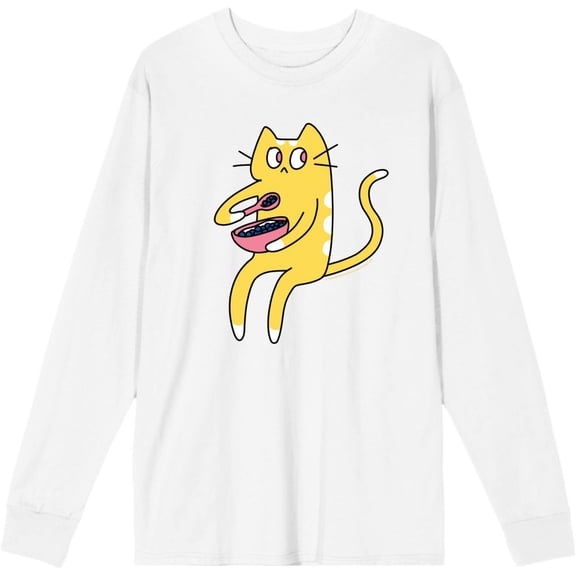 Derpy Kitty Cat With Pink Bowl Adult White Crew Neck Long Sleeve Tee-XL