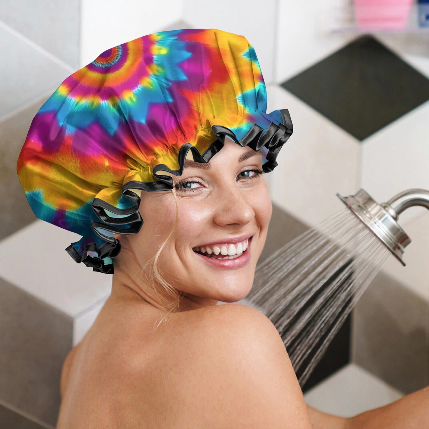 Shower Caps,Colorful Rainbow Tie Dye Spiral Pattern Waterproof Shower Cap for Women 4 Pieces,Double Reusable Hair Cover for Shower PEVA Elastic Stretch Hem