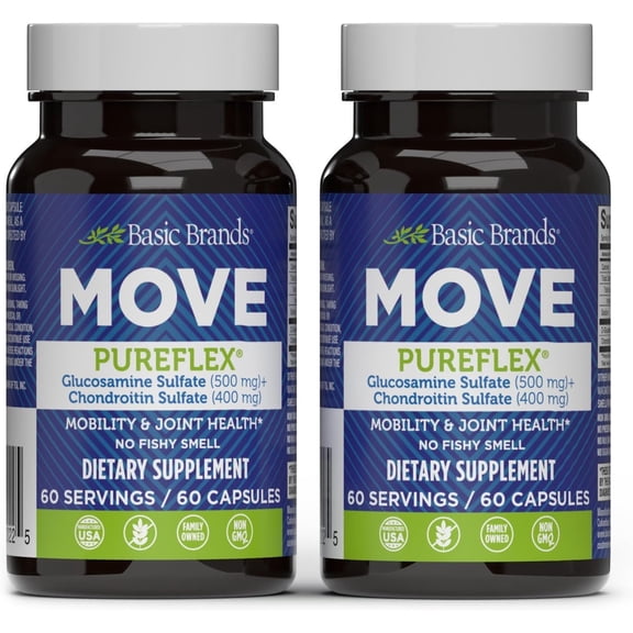 Basic Brands MOVE Pureflex Glucosamine Sulfate & Chondroitin Sulfate, Joint Health, 60 Count, 2Pack