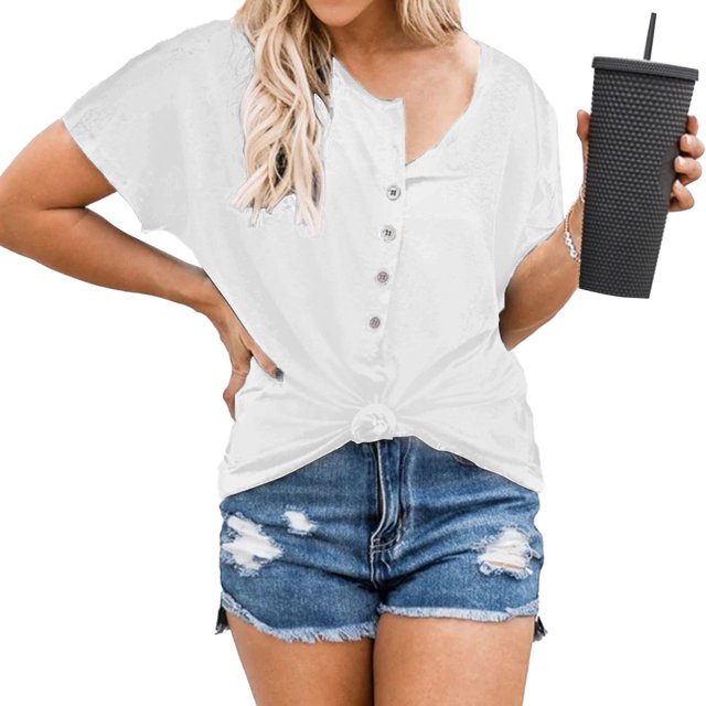 Top con Botones para Mujer, Color Puro, Dobladillo Irregular, Transpirable, Informal, Suelto, para Picnic, Blanco, XL
