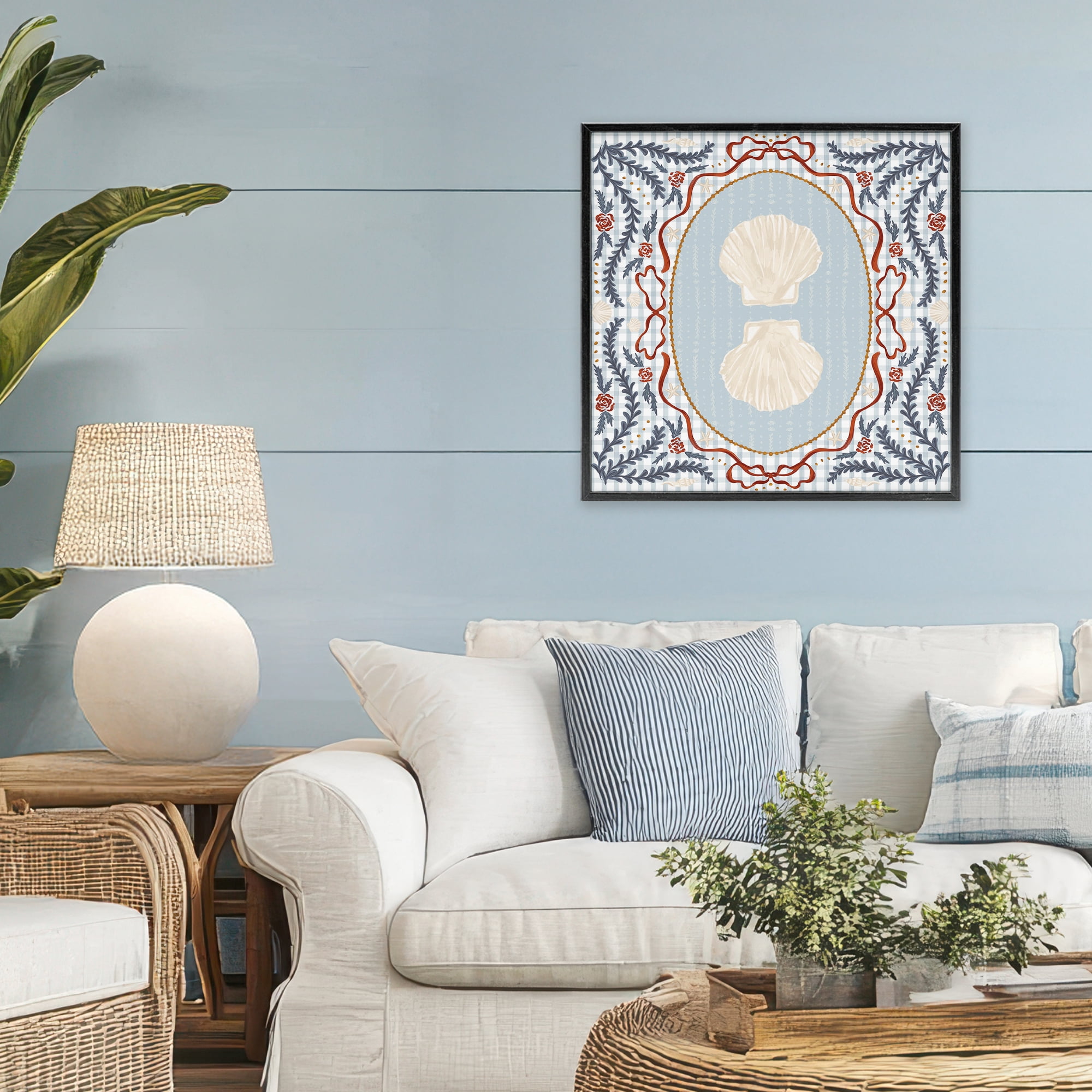 Stupell Industries Shells Portrait on Gingham Black Framed Giclee Art, design by Vero Illustrates