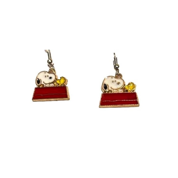 Peanuts Cartoon Dog in Dog Bowl Enamel Metal French Wire Earrings