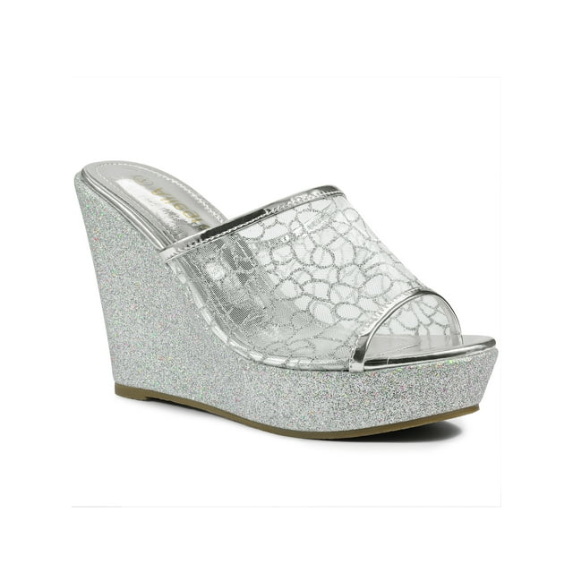 BLISSFUL STEP Sandales pour Femmes à Plateforme Compensée à Paillettes Sandales à Enfiler Argent 7