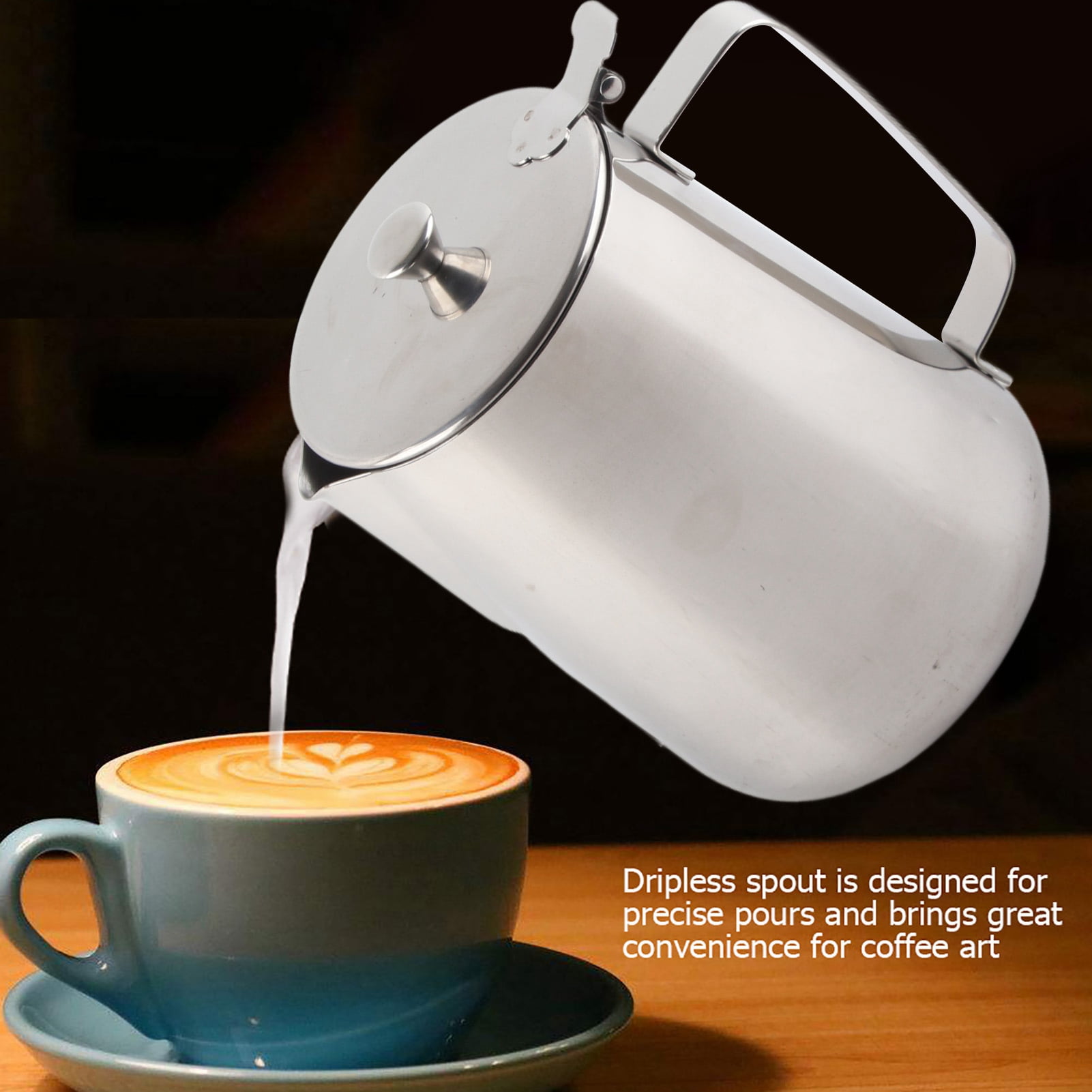 Nikou Pot à Lait Acier Inoxydable 600 Ml Avec Couvercle - Cruche Moussage Lait - Bec Verseur Anti-Goutte - Parfait Cappuccino & Latte Art