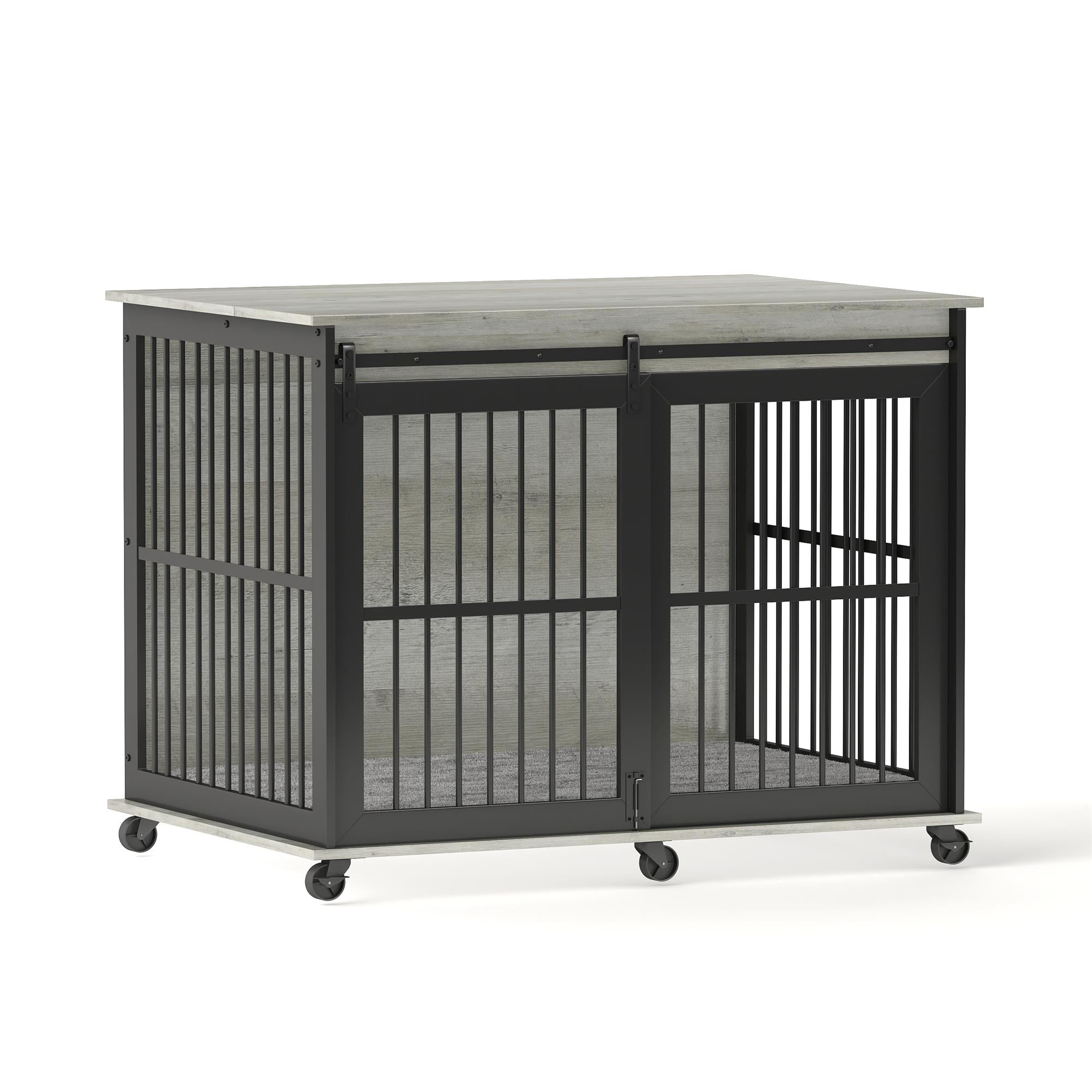 Pefilos 43" Heavy Duty Dog Crate, Furniture Style Dog Cage Sliding Iron Door with Wheels, Mat, Dog House for Indoor Dogs, Gray Pefilos 43" Heavy Duty Dog Crate, Furniture Style Dog Cage Sliding Iron Door with Wheels, Mat, Dog House for Indoor Dogs, Gray