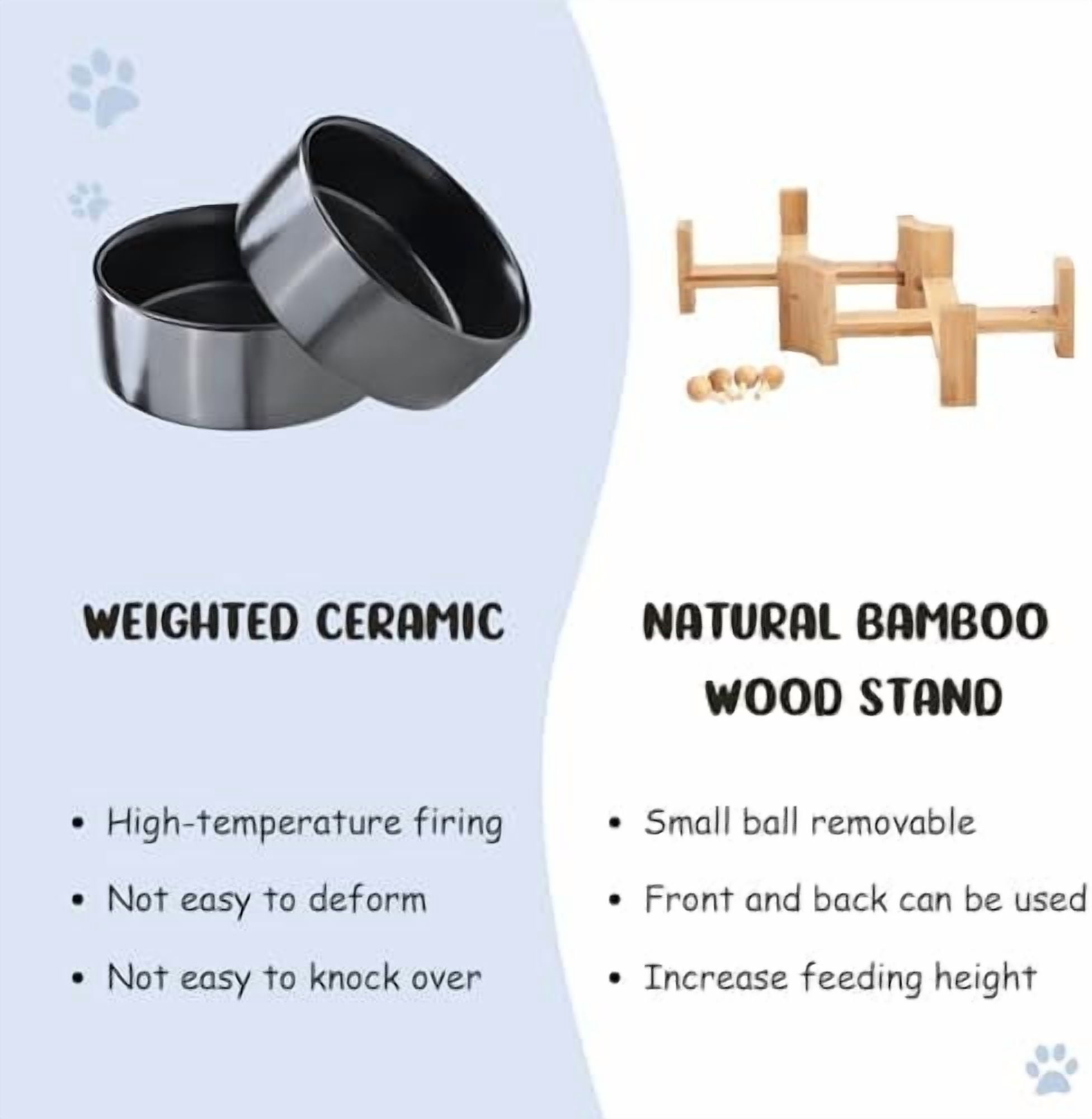 15° Slanted Ceramic Dog and Cat Bowl with Wooden Stand, Tilted Bulldog Food and Water Bowl No Slip Non-Spill for Cats Medium Dogs Big Face Pets 28.7 OZ (3.6 Cups, Black × 2)