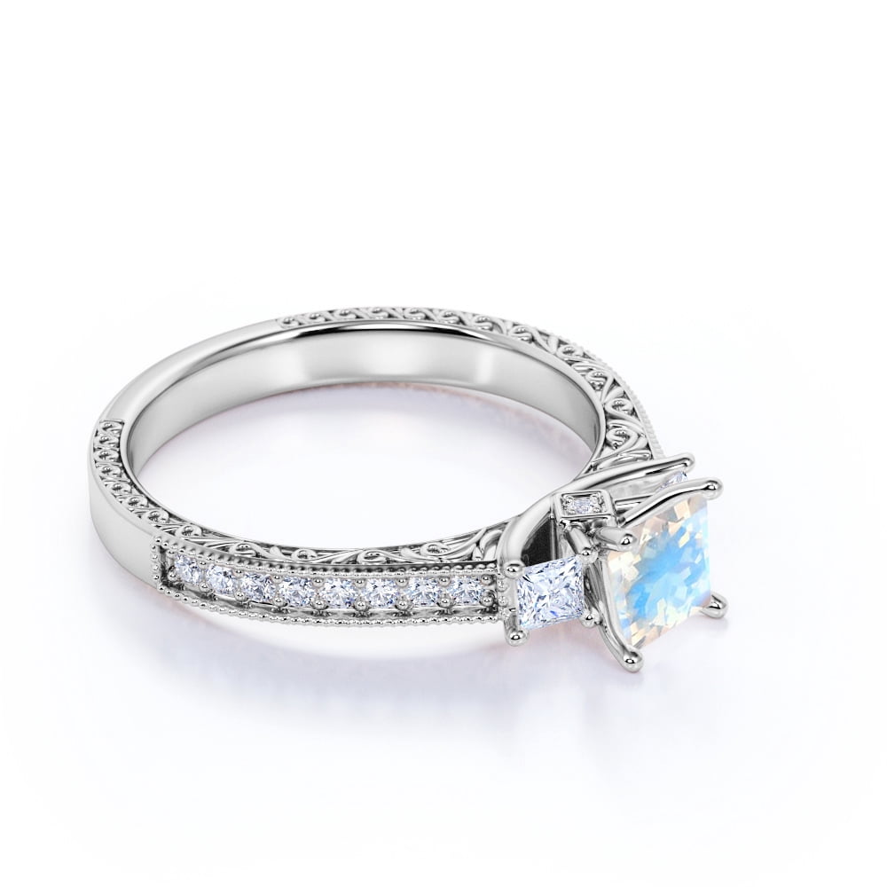 JeenMata Edwardian 1 Carat Princess Cut Moonstone and Moissanite 3 Stone Wedding Ring - 18k White Gold over Silver