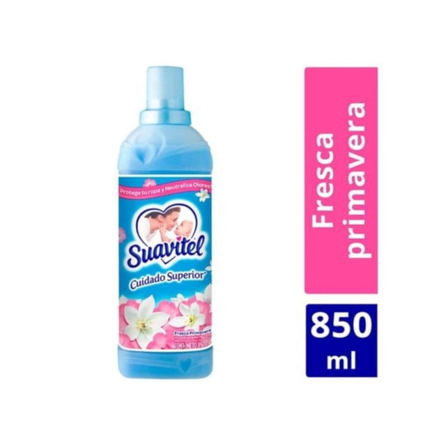 pack de 12 suavizante suavitel fresca primavera de 850 ml Frasco azul de suavizante para ropa Suavitel con etiqueta 'Cuidado Superior', logo Suavitel, ilustración de flores blancas y tapa dosificadora en vista frontal sobre fondo blanco; ideal para dar aroma floral y suavidad a la ropa.