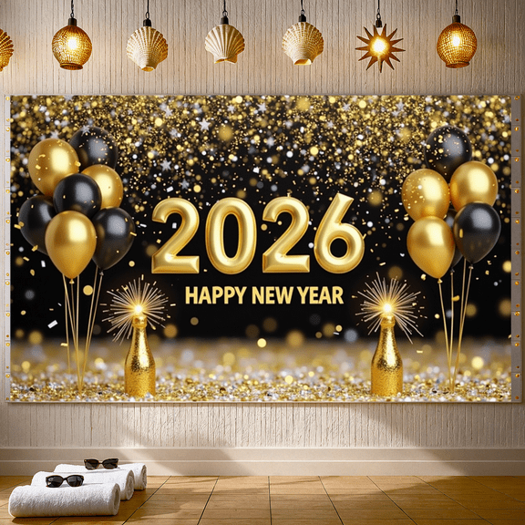 Night Cityscape Happy New Year Banner Glittering Fireworks Celebration Banner Festive Design for Party Decoration Holiday Event Celebration