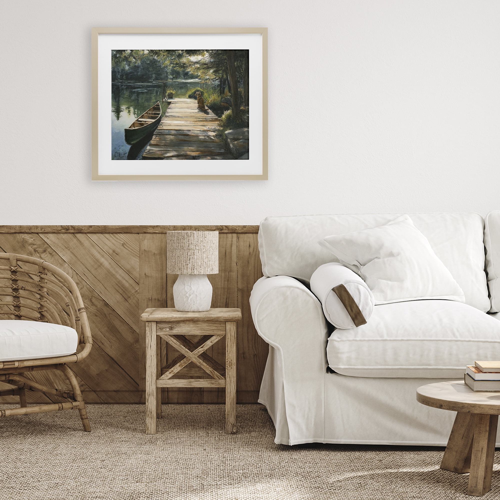 Lake Life Dog on Dock Birch Framed Print Under Glass, design by Sara Culpepper