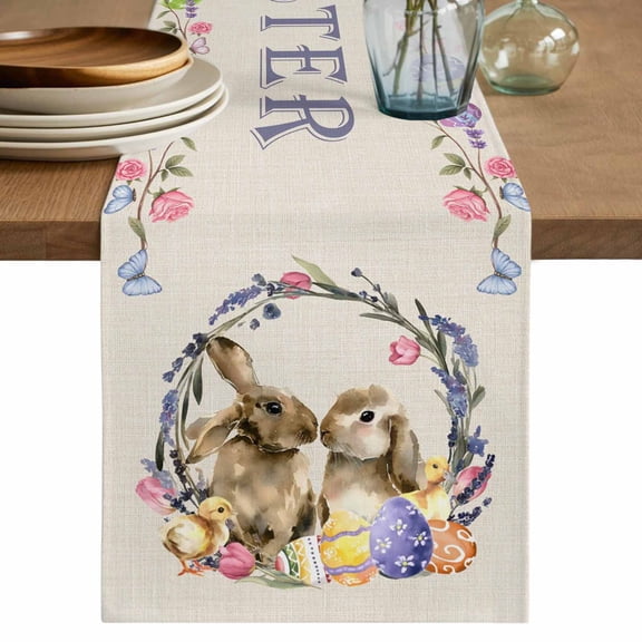 Table Runner 60 Inches Long for Kitchen Dining, Easter Bunny Dresser Scarf Farmhouse, Dining Table Decorations for Wedding/Parties, Spring Easter Eggs Chick Floral Burlap 13 x 60 In