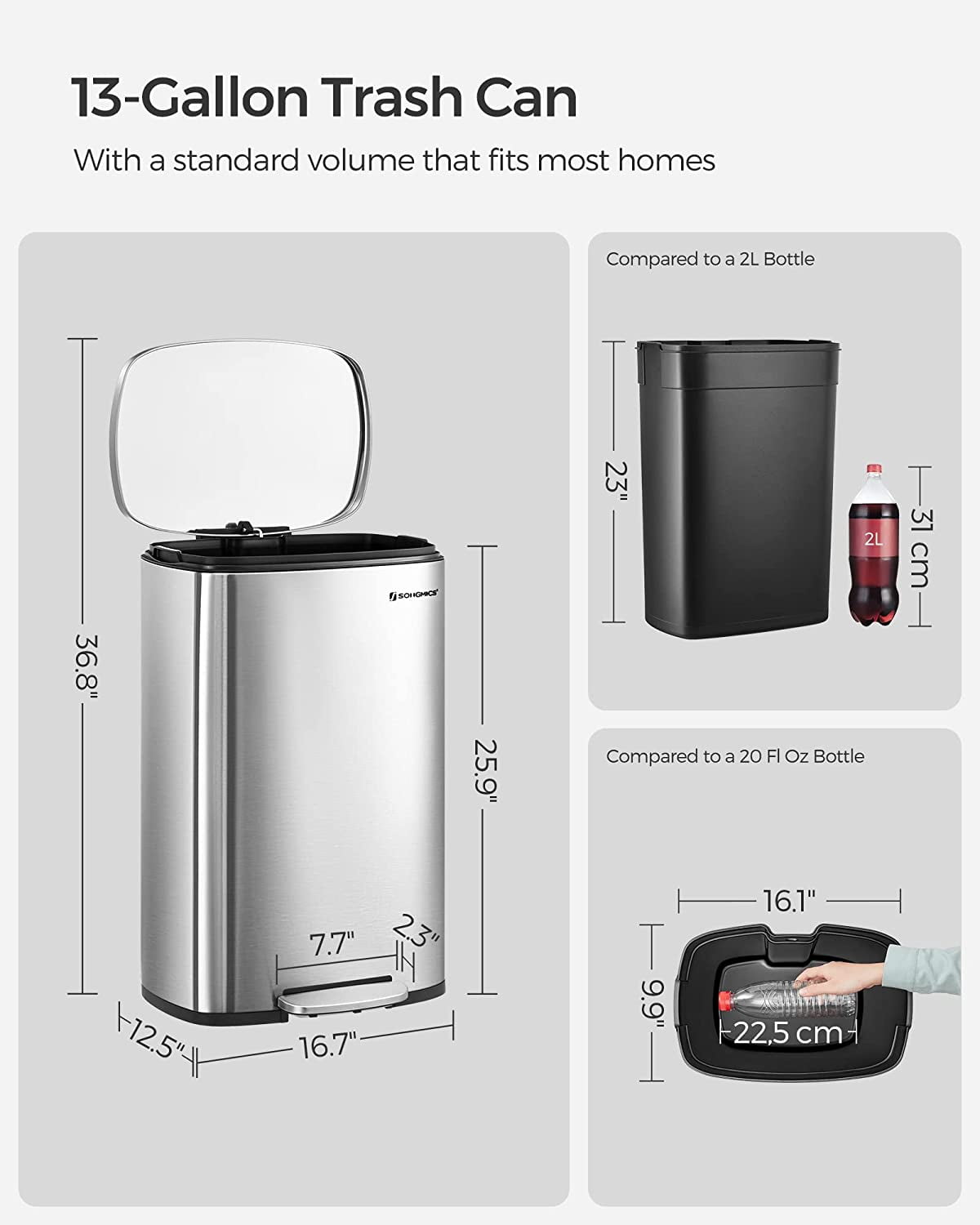 13.2 Gallon Kitchen Trash, Garbage Can, Pedal Rubbish Bin, Stainless Steel, Silver