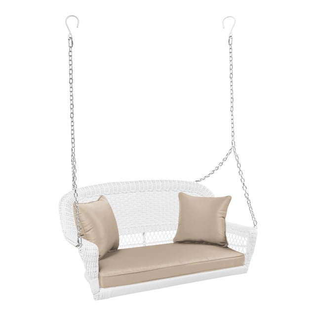 Jeco Balançoire de Porche en Osier de Résine avec Coussin, Blanc et Beige